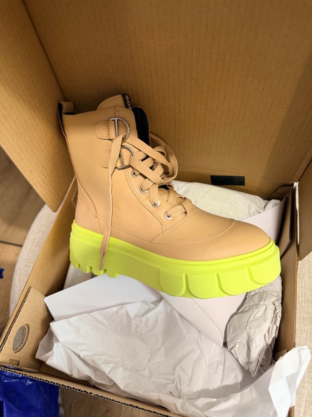 Sorel Caribou X Lace-Up Boot in Tan with Neon Lime Sole - Picture 2 of 3